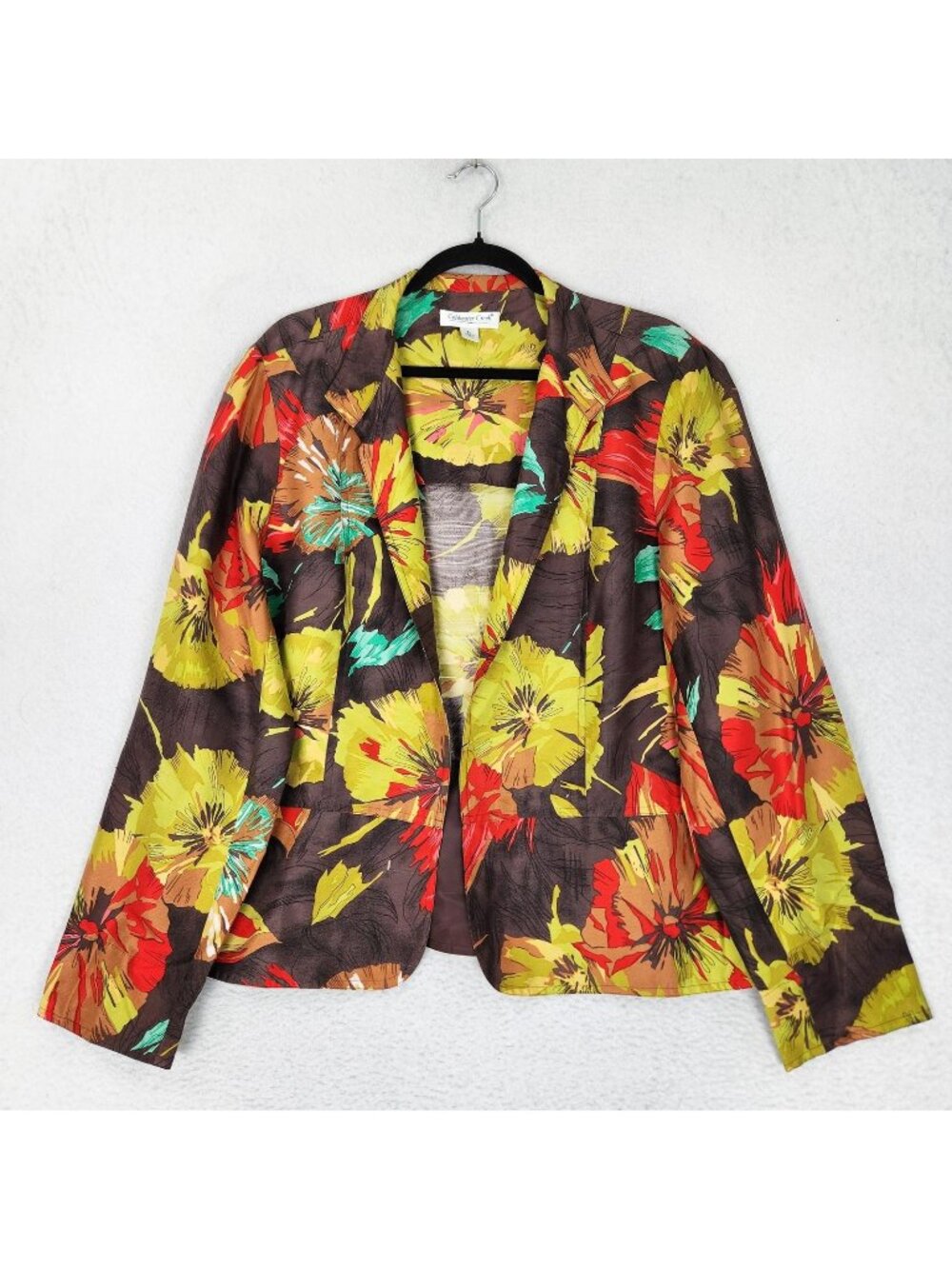 Coldwater Creek Jacket Womens XL Brown Yellow Floral Silk Colorful Blazer Autumn